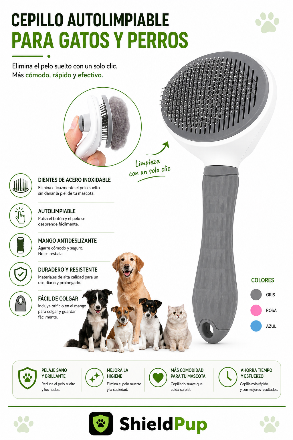 Cepillo Autolimpiante ShieldPup — Elimina Pelo y Nudos sin Esfuerzo